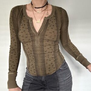 Free People Thermal Henley Top in Olive Green and Black